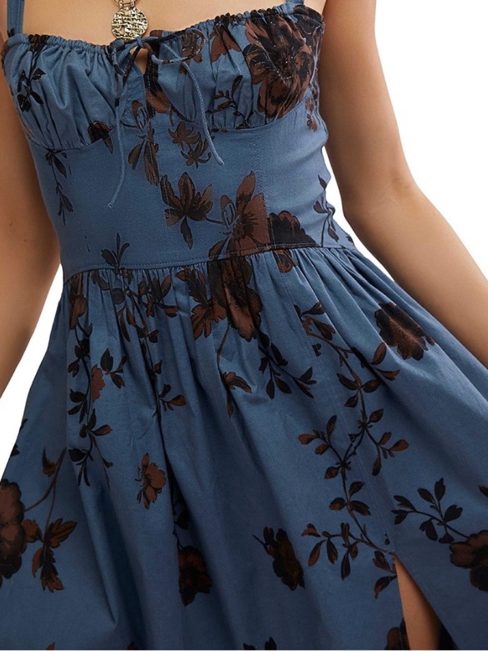 FREE PEOPLE Laters Baby Midi Dress Storm Blue Brown Milkmaid Cinch Bust Size M - Picture 4 of 12